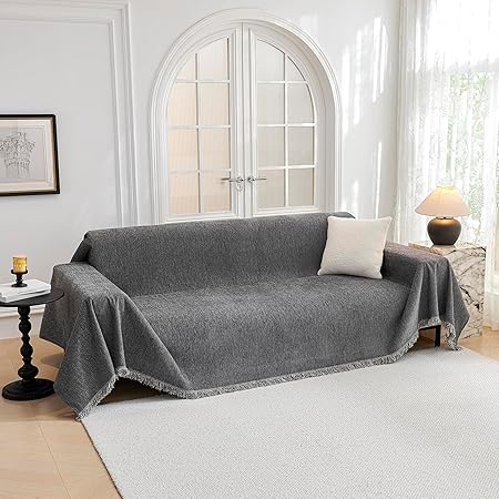 HOME Couch Cover for Dogs, Washable Couch Covers, Non Slip Couch Sofa Cover, Couch Cover 2 Cushion Sofa Dogs Furniture Protector with Tassels Chenille Sofa Covers for Pets, 71"x118", Dark Grey